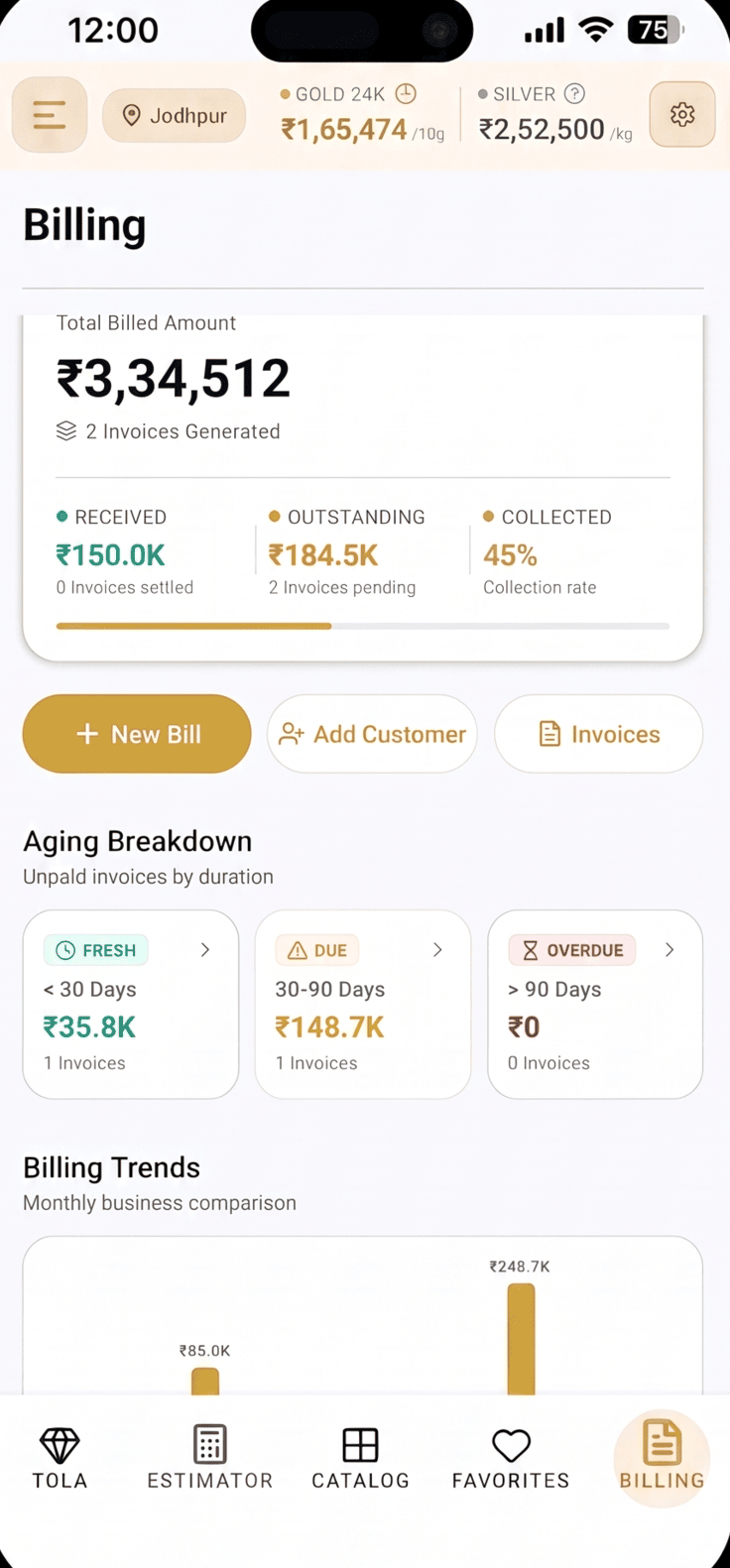 Billing and payments dashboard