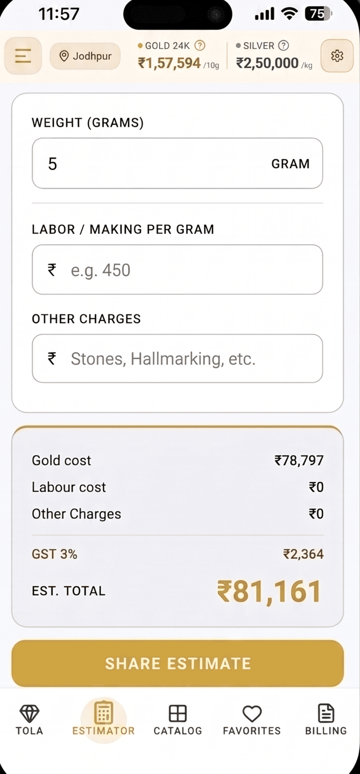 Jewellery estimate with labour and GST