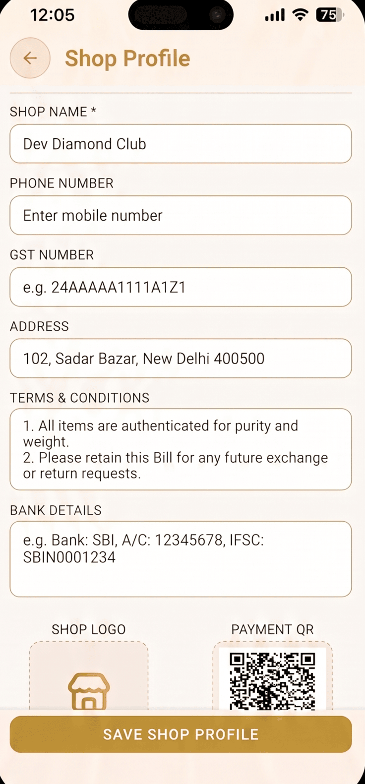 Shop profile with GST and payment QR